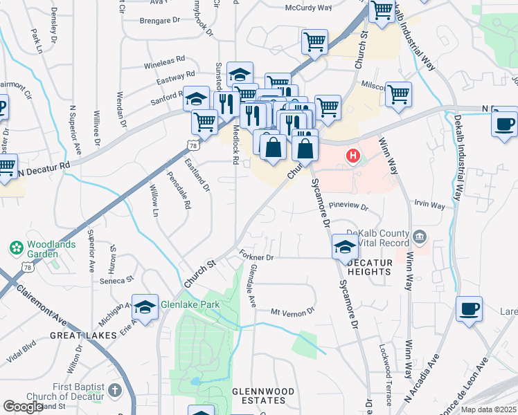 map of restaurants, bars, coffee shops, grocery stores, and more near 2450 Manor Walk in Decatur