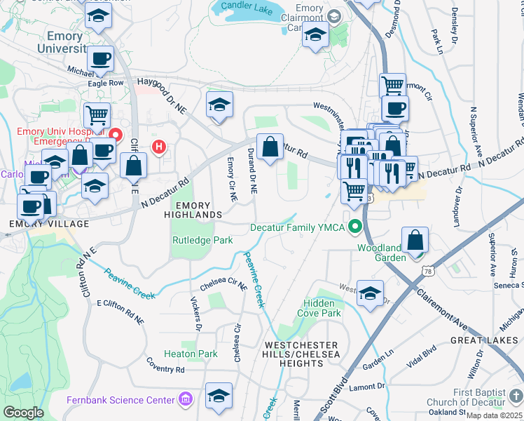 map of restaurants, bars, coffee shops, grocery stores, and more near 461 Durand Drive Northeast in Atlanta