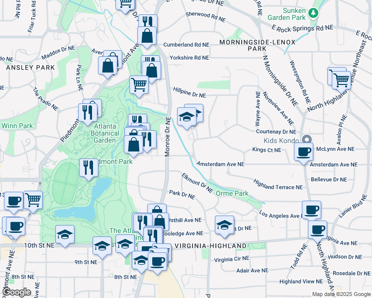 map of restaurants, bars, coffee shops, grocery stores, and more near 678 Courtenay Drive Northeast in Atlanta