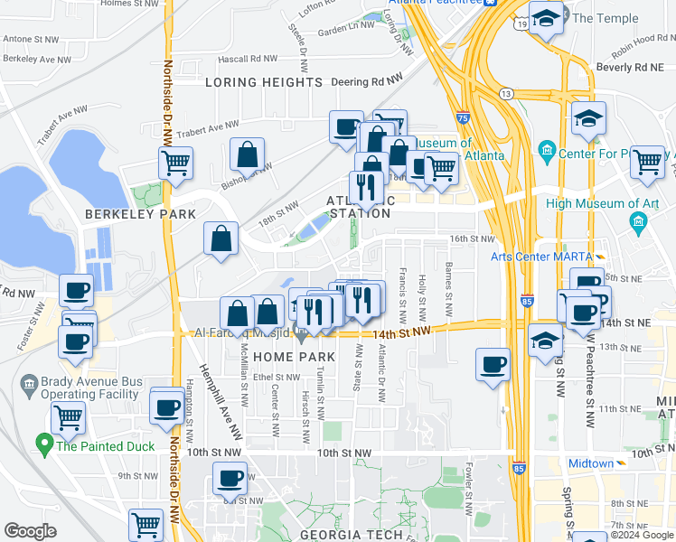 map of restaurants, bars, coffee shops, grocery stores, and more near 401 16th Street Northwest in Atlanta