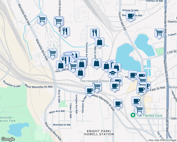 map of restaurants, bars, coffee shops, grocery stores, and more near 1040 Huff Road Northwest in Atlanta