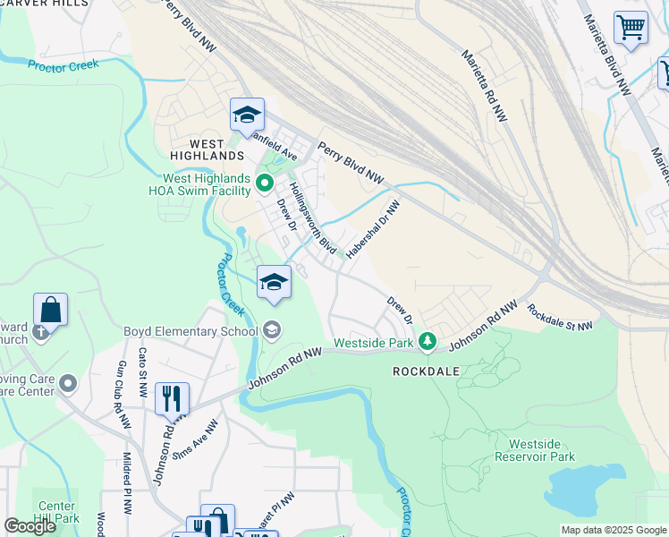 map of restaurants, bars, coffee shops, grocery stores, and more near 1614 Habershal Drive Northwest in Atlanta