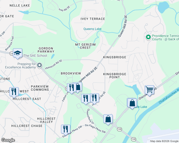 map of restaurants, bars, coffee shops, grocery stores, and more near 6774 Queen Mill Road Southeast in Mableton