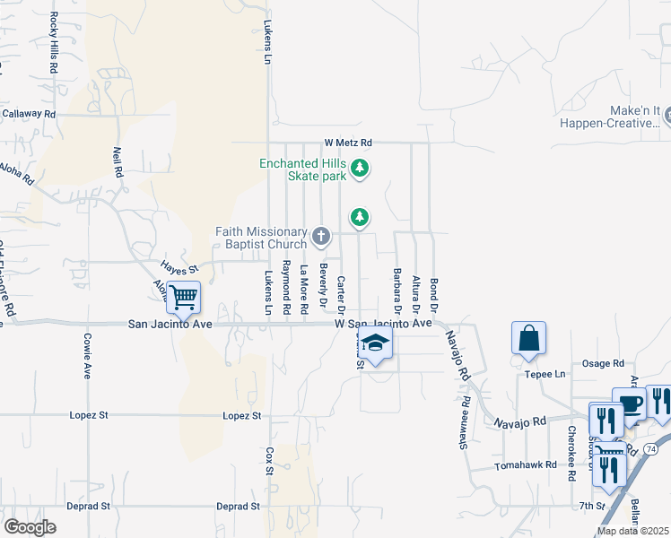 map of restaurants, bars, coffee shops, grocery stores, and more near 242 Carter Drive in Perris