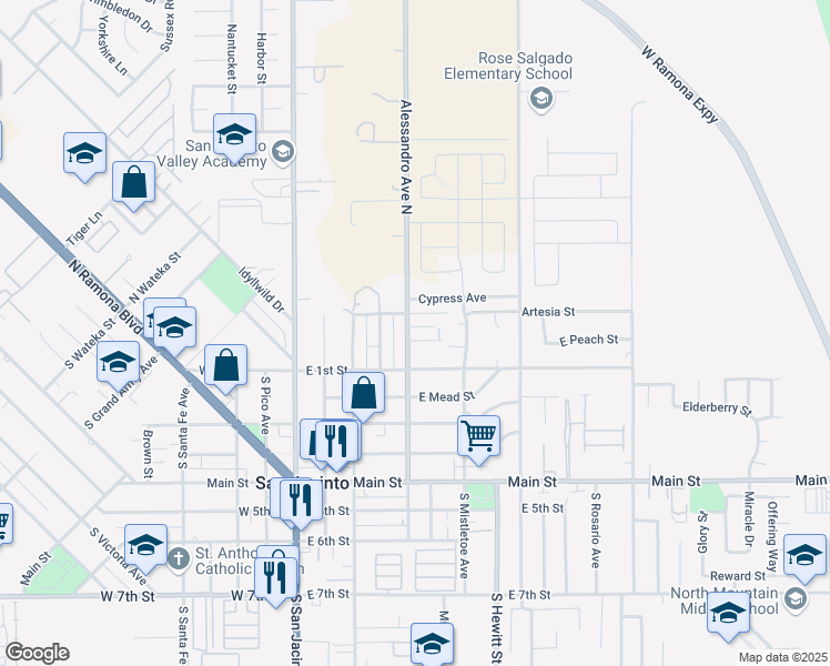 map of restaurants, bars, coffee shops, grocery stores, and more near 165 Alessandro Avenue North in San Jacinto