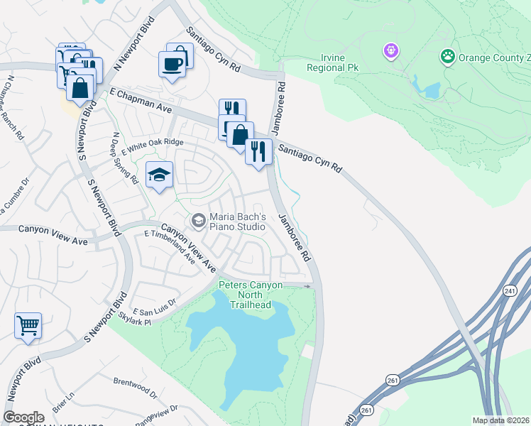 map of restaurants, bars, coffee shops, grocery stores, and more near 147 North Mine Canyon Road in Orange