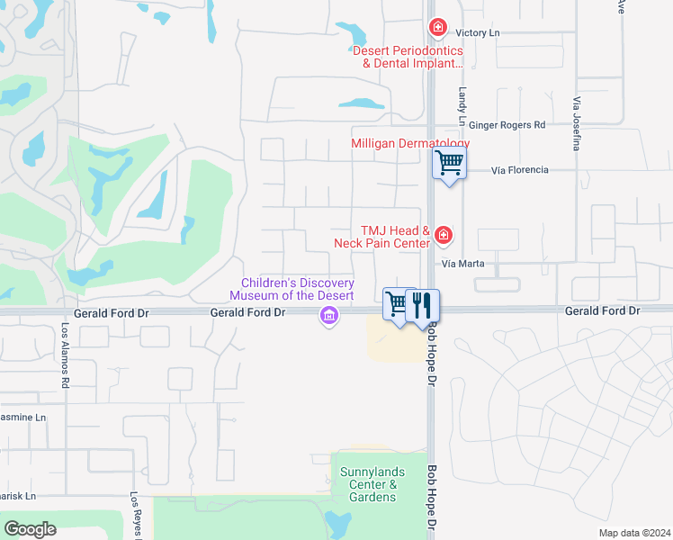 map of restaurants, bars, coffee shops, grocery stores, and more near 2 Scarborough Way in Rancho Mirage