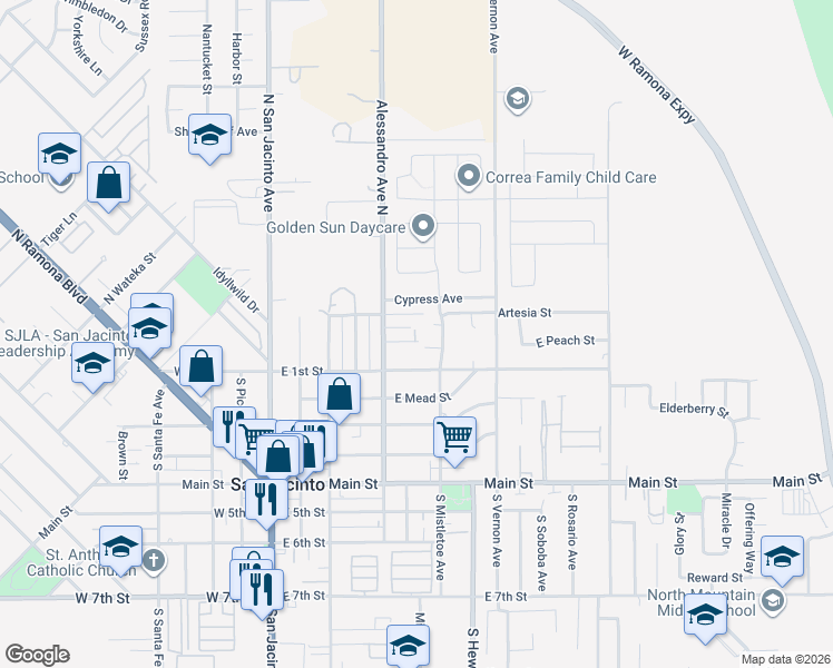 map of restaurants, bars, coffee shops, grocery stores, and more near 444 Artesia Street in San Jacinto