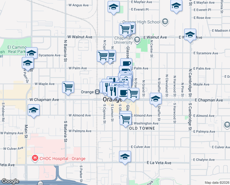 map of restaurants, bars, coffee shops, grocery stores, and more near 161 North Lemon Street in Orange