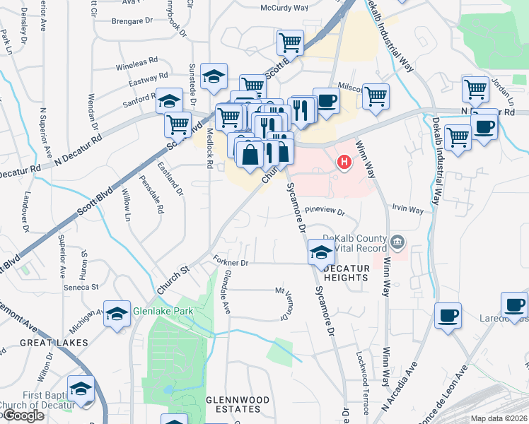 map of restaurants, bars, coffee shops, grocery stores, and more near 453 North Pineview Court in Decatur