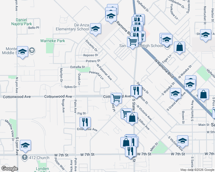 map of restaurants, bars, coffee shops, grocery stores, and more near 868 Peaceful Lane in San Jacinto