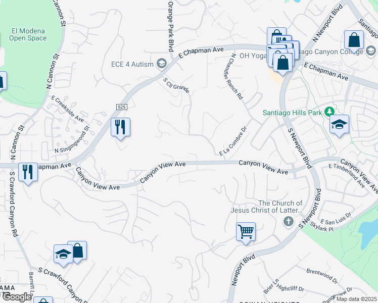 map of restaurants, bars, coffee shops, grocery stores, and more near North Hidden Trail in Orange