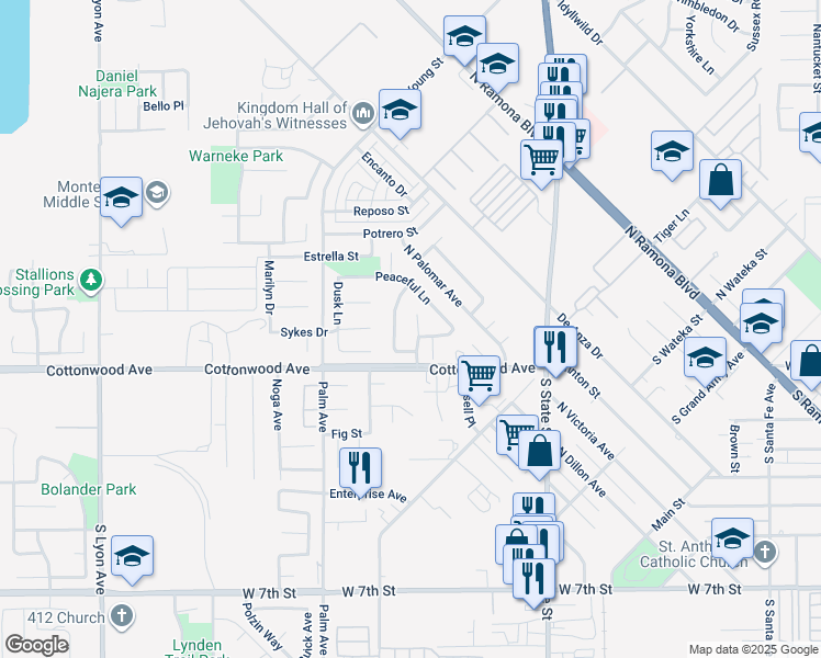 map of restaurants, bars, coffee shops, grocery stores, and more near 184 Twilight Court in San Jacinto