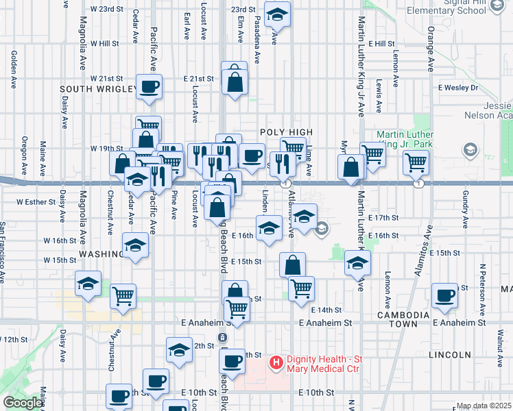map of restaurants, bars, coffee shops, grocery stores, and more near 430 East Esther Street in Long Beach