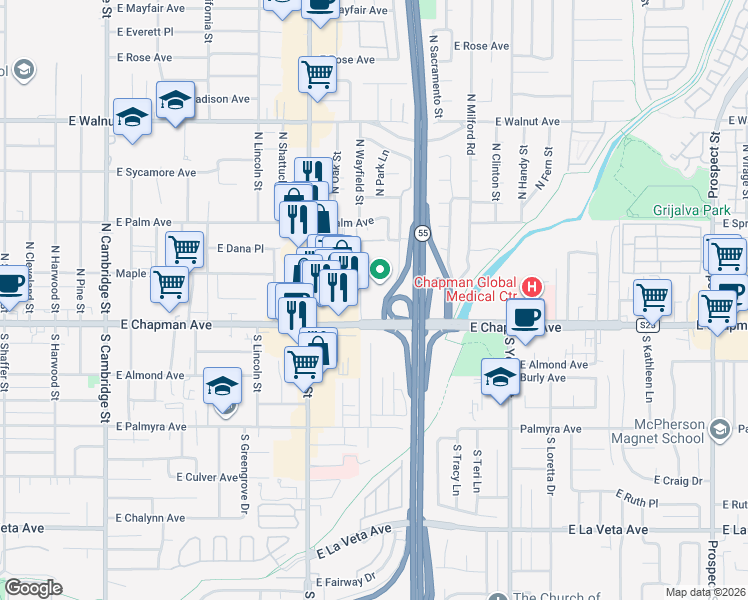 map of restaurants, bars, coffee shops, grocery stores, and more near 157 North Wayfield Street in Orange