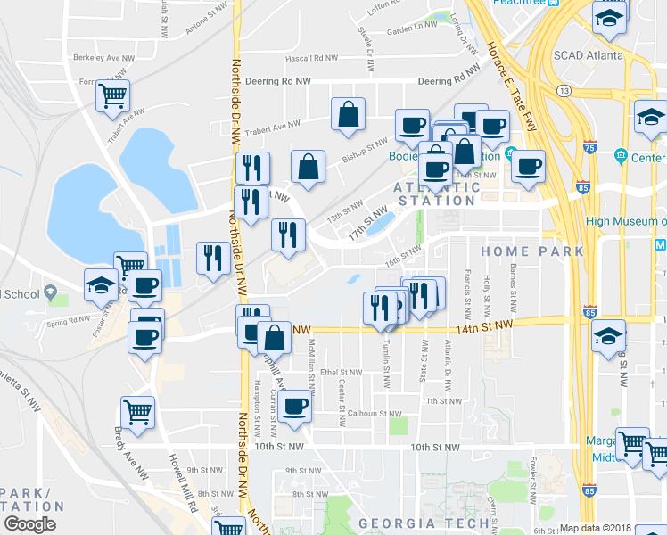 map of restaurants, bars, coffee shops, grocery stores, and more near 370 16th Street Northwest in Atlanta