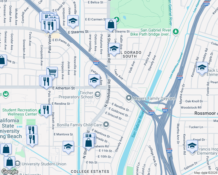 map of restaurants, bars, coffee shops, grocery stores, and more near N Studebaker Rd & E Atherton St in Long Beach