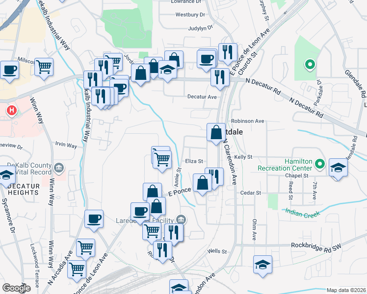 map of restaurants, bars, coffee shops, grocery stores, and more near 416 Annie Street in Decatur