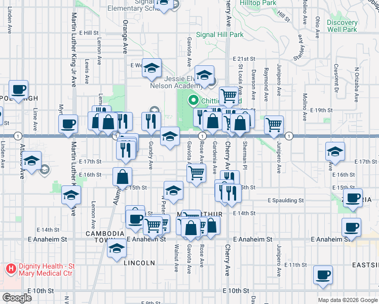 map of restaurants, bars, coffee shops, grocery stores, and more near 1200 Gaviota Avenue in Long Beach