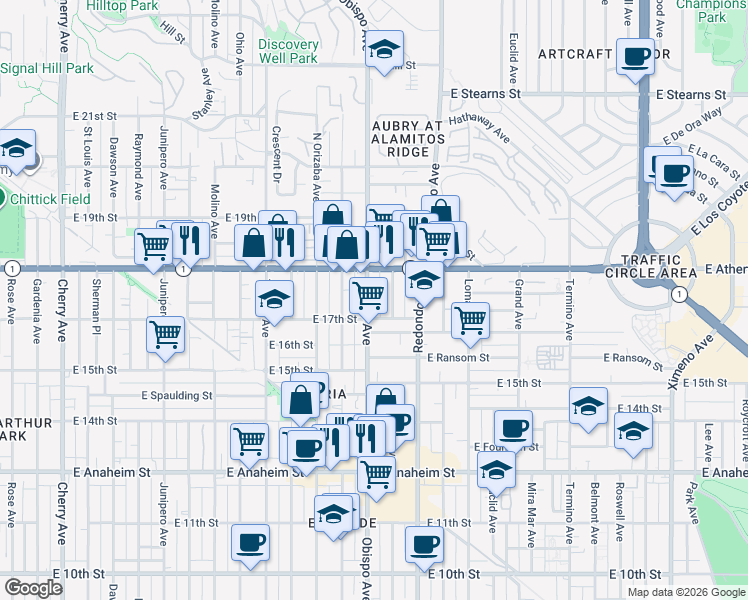map of restaurants, bars, coffee shops, grocery stores, and more near 1730 Obispo Avenue in Long Beach