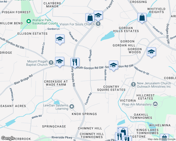 map of restaurants, bars, coffee shops, grocery stores, and more near 621 South Gordon Road Southwest in Mableton