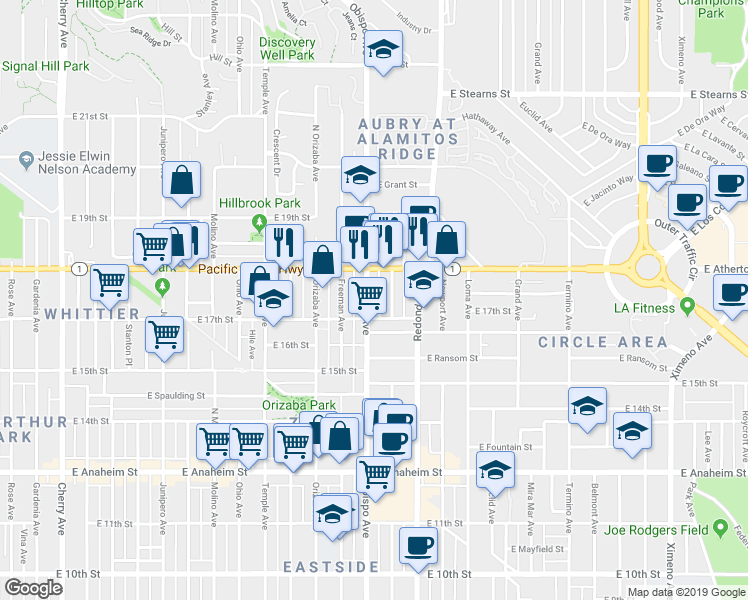 map of restaurants, bars, coffee shops, grocery stores, and more near 1730 Obispo Avenue in Long Beach