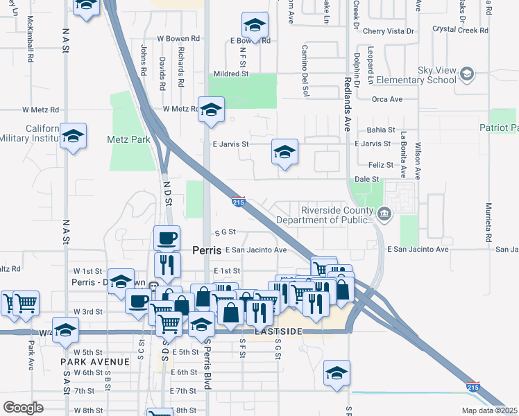 map of restaurants, bars, coffee shops, grocery stores, and more near 350 East San Jacinto Avenue in Perris