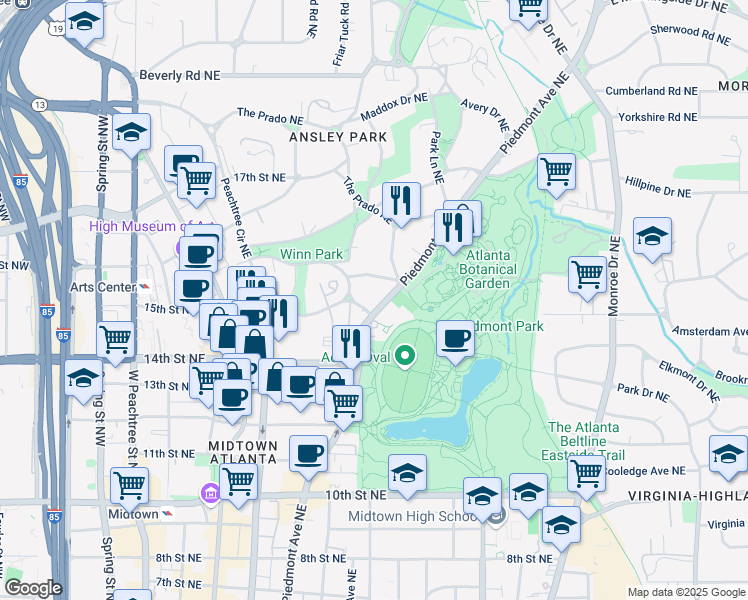 map of restaurants, bars, coffee shops, grocery stores, and more near 124 Lafayette Drive Northeast in Atlanta