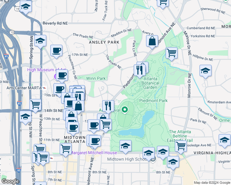 map of restaurants, bars, coffee shops, grocery stores, and more near 1230 Piedmont Avenue Northeast in Atlanta