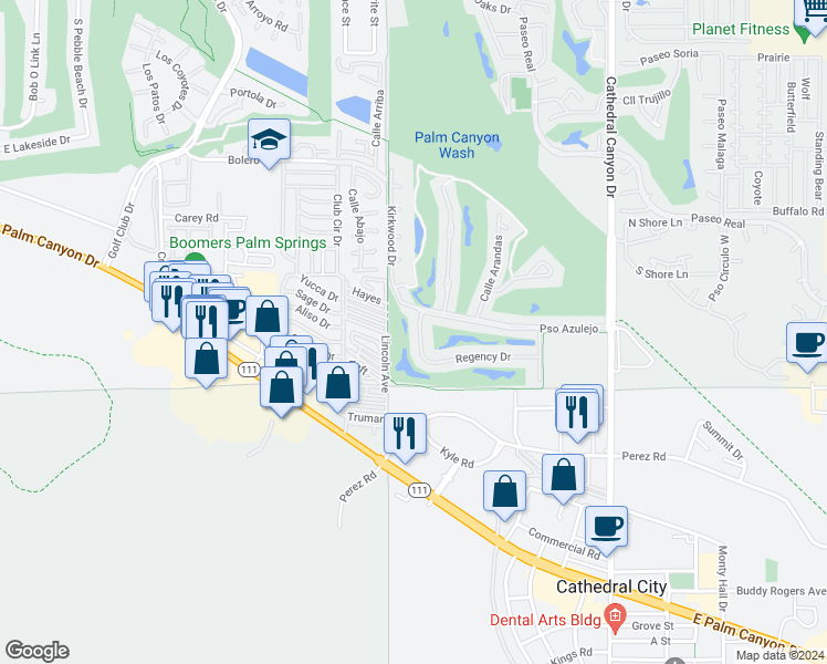 map of restaurants, bars, coffee shops, grocery stores, and more near 3027 Regency Drive North in Palm Springs
