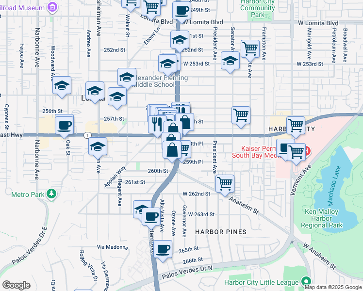 map of restaurants, bars, coffee shops, grocery stores, and more near 1712 Pacific Coast Highway in Lomita