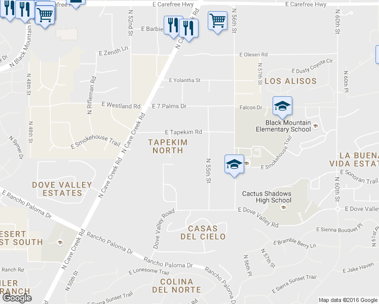 map of restaurants, bars, coffee shops, grocery stores, and more near 5137 Dove Valley Road in Phoenix