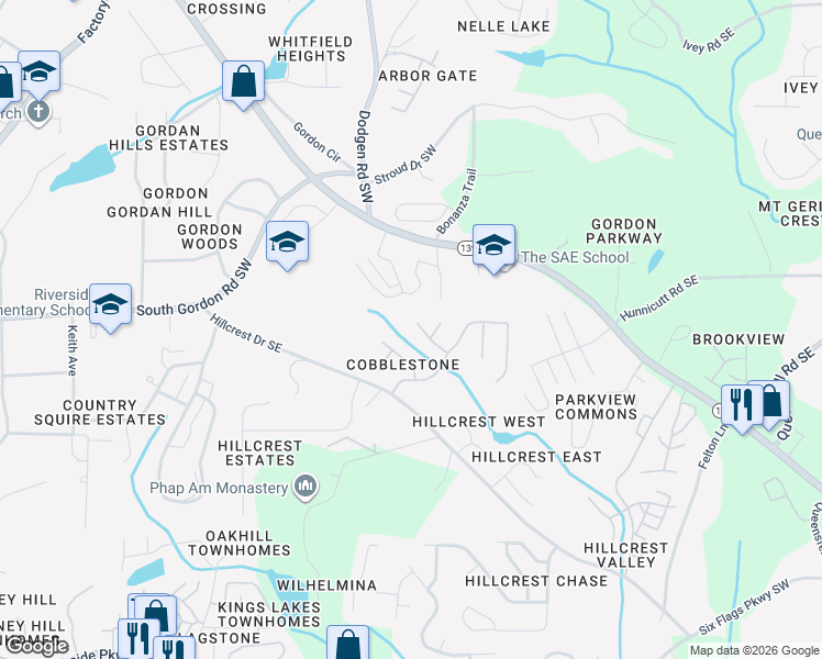 map of restaurants, bars, coffee shops, grocery stores, and more near 413 Clearstream Lane in Austell