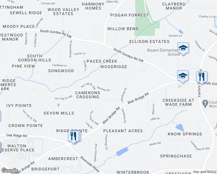 map of restaurants, bars, coffee shops, grocery stores, and more near 6523 Revena Court in Austell