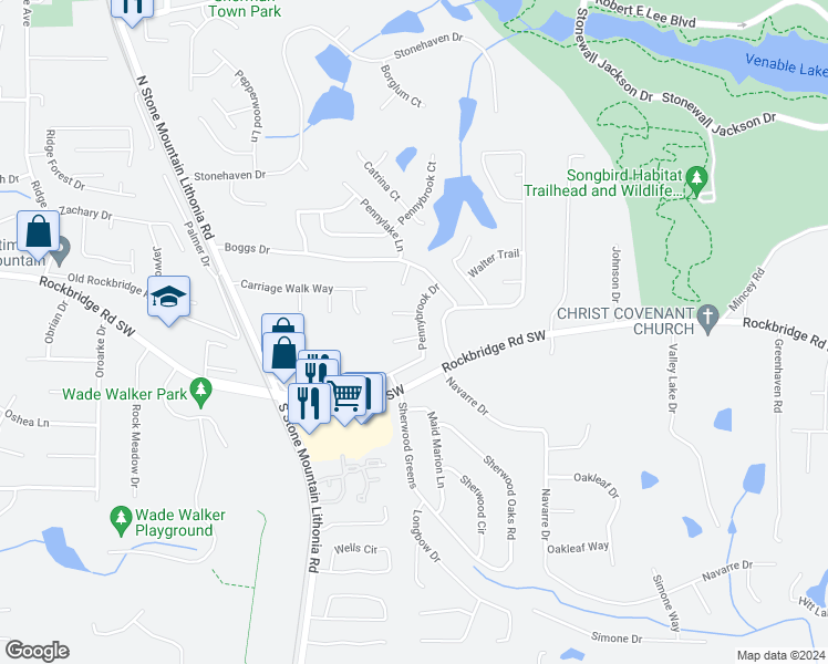 map of restaurants, bars, coffee shops, grocery stores, and more near 5660 Clifton Place in Stone Mountain