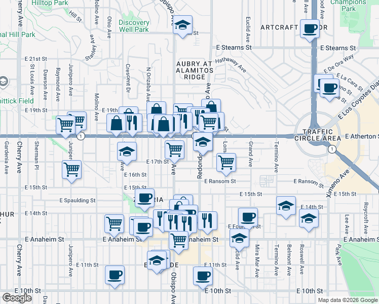 map of restaurants, bars, coffee shops, grocery stores, and more near 1730 Coronado Avenue in Long Beach