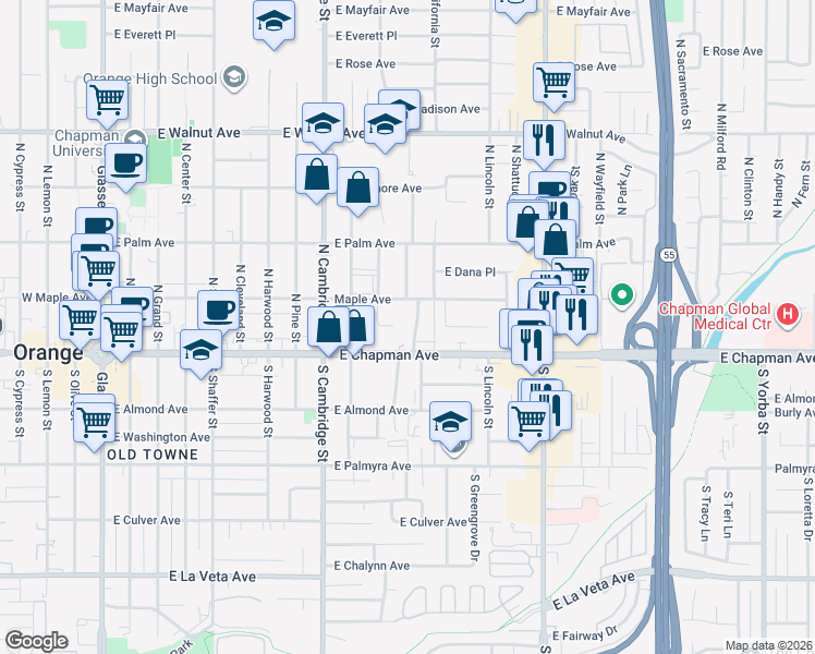 map of restaurants, bars, coffee shops, grocery stores, and more near 1133 East Maplewood Place in Orange