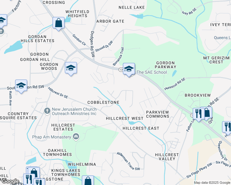 map of restaurants, bars, coffee shops, grocery stores, and more near 6753 Clearstream Way in Austell