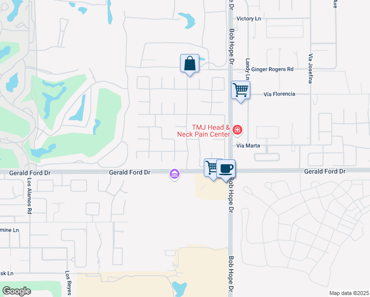 map of restaurants, bars, coffee shops, grocery stores, and more near 5 Victoria Falls Drive in Rancho Mirage