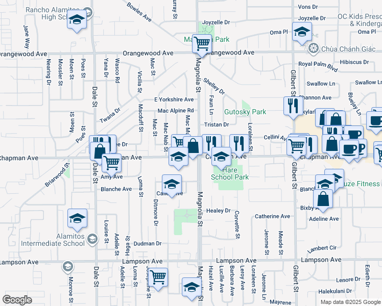 map of restaurants, bars, coffee shops, grocery stores, and more near 8932 Marylee Drive in Garden Grove