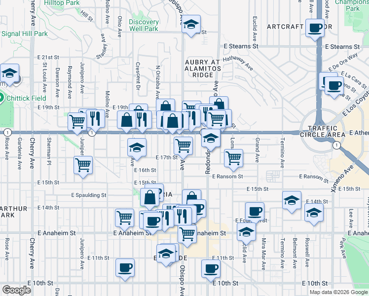 map of restaurants, bars, coffee shops, grocery stores, and more near 1749 Obispo Avenue in Long Beach