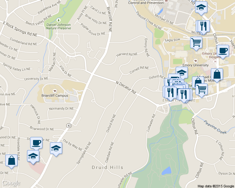 map of restaurants, bars, coffee shops, grocery stores, and more near 1235 Springdale Rd NE in Atlanta