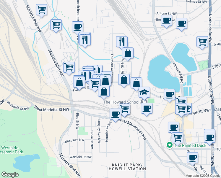 map of restaurants, bars, coffee shops, grocery stores, and more near 1082 Huff Road Northwest in Atlanta