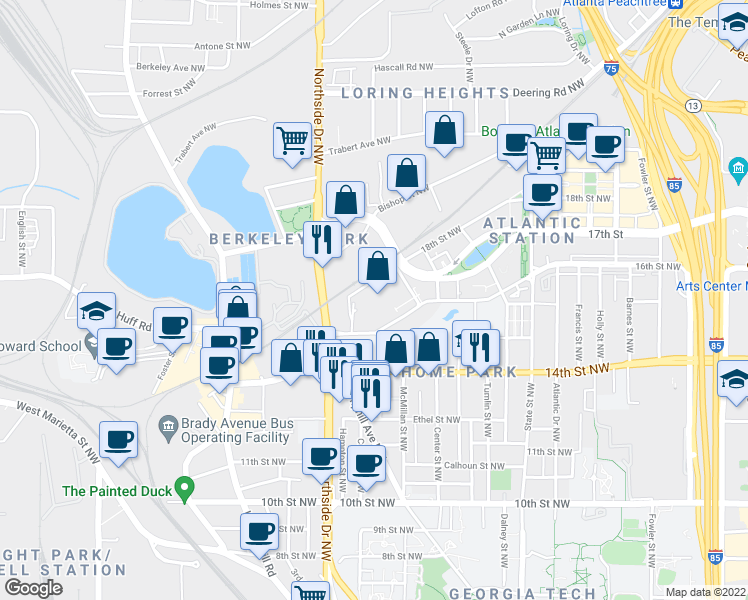 map of restaurants, bars, coffee shops, grocery stores, and more near 22 in Atlanta