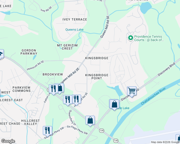 map of restaurants, bars, coffee shops, grocery stores, and more near 559 Hunnicut Road Southeast in Mableton