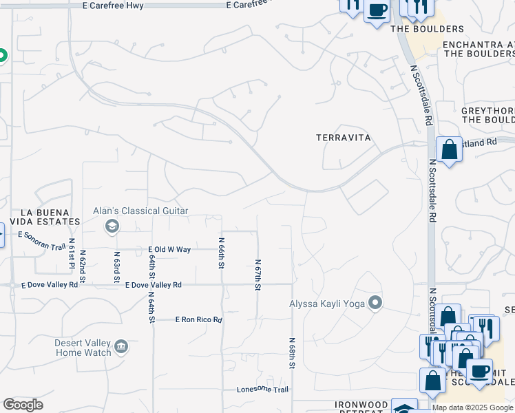map of restaurants, bars, coffee shops, grocery stores, and more near 6719 East Soaring Eagle Way in Scottsdale