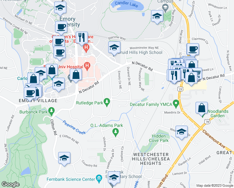 map of restaurants, bars, coffee shops, grocery stores, and more near 1810 Burlington Place Northeast in Atlanta
