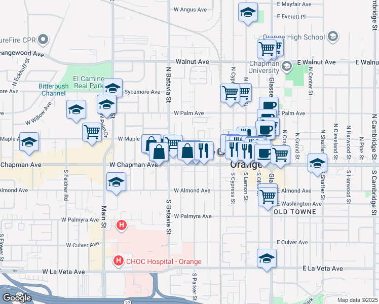 map of restaurants, bars, coffee shops, grocery stores, and more near 146 North Parker Street in Orange
