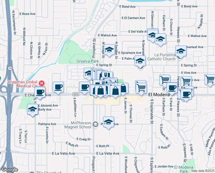 map of restaurants, bars, coffee shops, grocery stores, and more near 3505 East Chapman Avenue in Orange