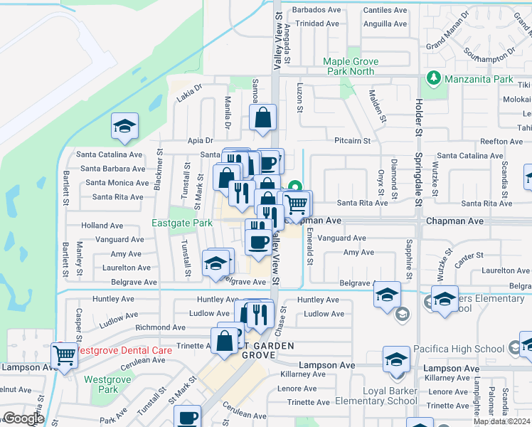 map of restaurants, bars, coffee shops, grocery stores, and more near 11971 Valley View Street in Garden Grove